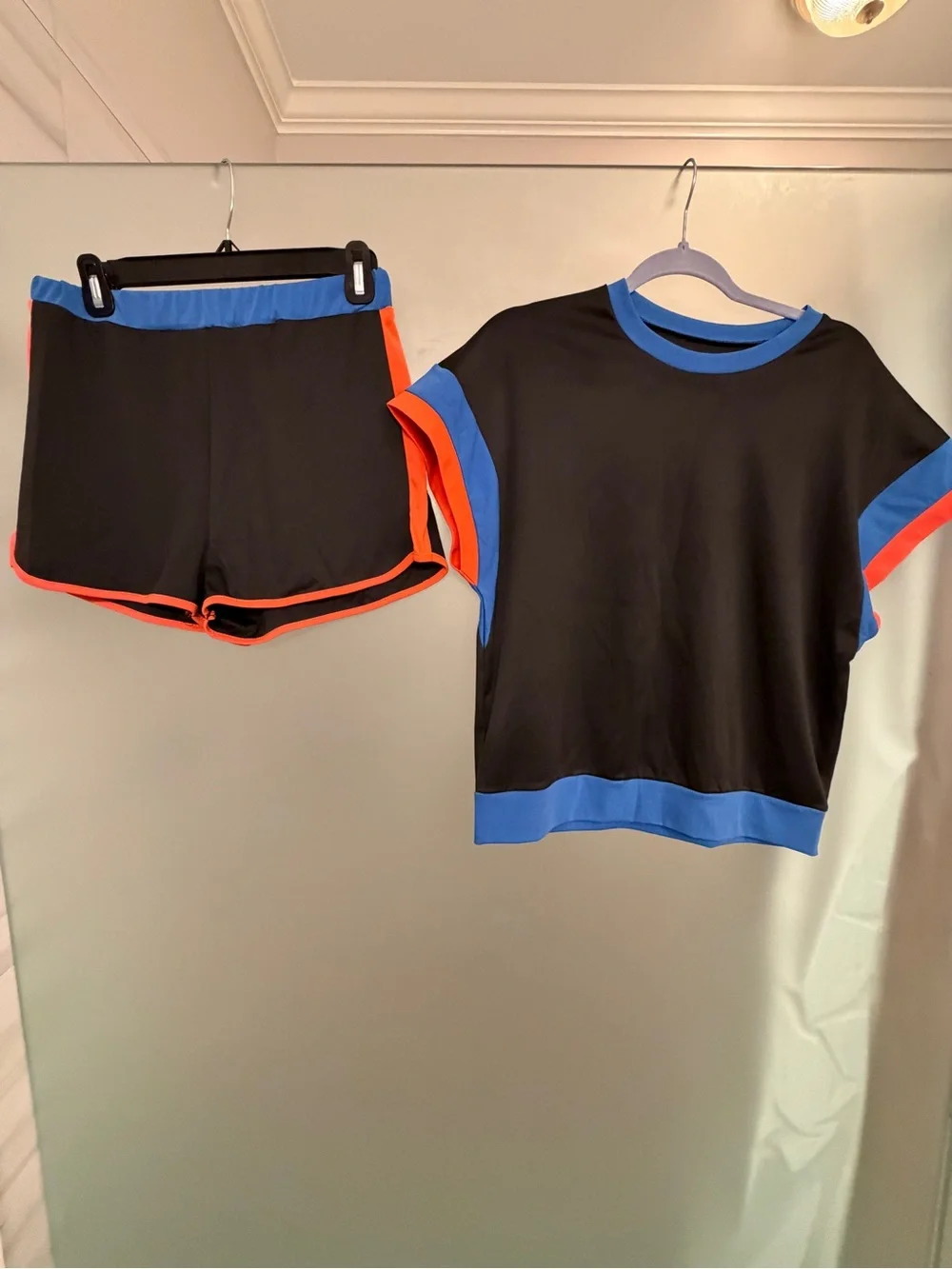 Black Cropped Tee & Shorts Set with Blue and Orange Trim